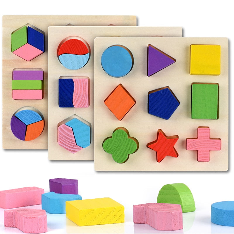 Wooden Geometric Shapes Montessori Puzzle Sorting Math Bricks